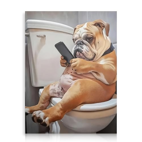 Dazzlewall Décoration Murale Bouledogue Humoristique, Affiche Chien Fantaisiste Aux Toilettes Avec Téléphone Pour Salle De Bain Toilette 30x40 Cm Sans Cadre