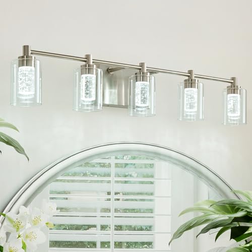 Image of 5-Light Brushed Nickel Vanity Lights,Bathroom Vanity Light Fixtures, Dimmable White /Neutral /Warm Light Brushed Nickel Light Fixtures with Clear Glass Shade for Bedroom, Living Room Hallway Lighting