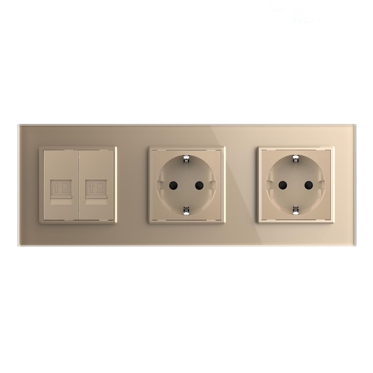 Livolo, presa Schuko da incasso, doppia presa da parete + presa di rete LAN, Duplex RJ45, presa dati Ethernet, con cornice in vetro (oro)