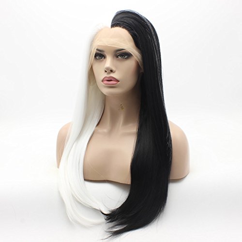 Lushy Hair Lace Front Synthetic Wigs Straight Long 24inch Half White Half Black Mix Heavy Density Heat Resistant Realistic Cosplay Wigs