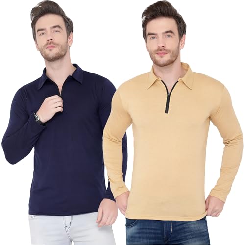 Image of Men's Cotton Blend Full Sleeve Zip Neck Polo T-Shirt (Pack of 1)