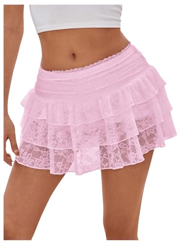 SHENHE Women's Lace Mini Skirts Y2K Low Rise Layered Ruffle Flowy Summer Casual Mini Skirt