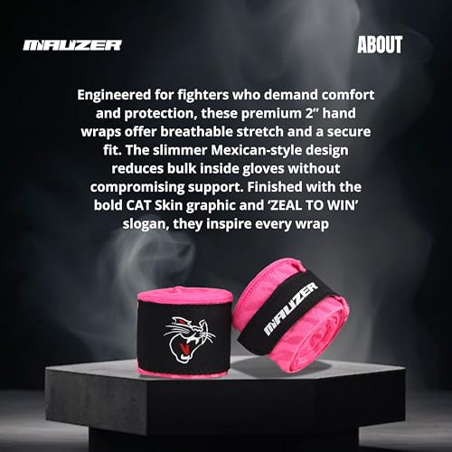 Image of Mexican-Style Boxing Hand Wraps - Breathable Stretch Cotton /Poly, 2 inch Wide with Hook & Loop, CAT Skin Graphic & Zeal to Win Slogan 2.5 Meter