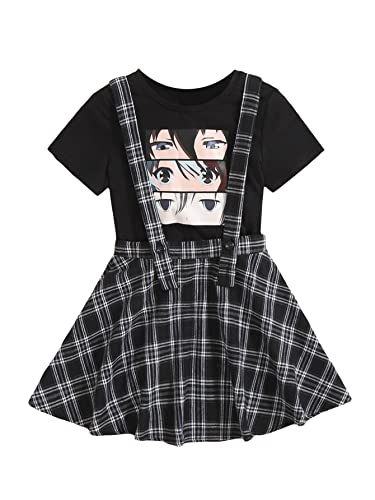 OYOANGLE Girl's 2 Piece Outfits Clothing Sets Short Sleeve T-Shirt & Overall Skirt Set Black 10Y