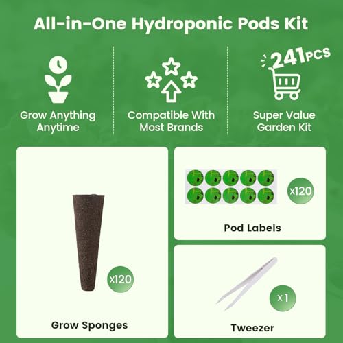 Image of 241Pcs Hydroponic Pods Kit, Compatible with AeroGarden, Grow Anything with 120Grow Sponges, 120Labels & 1 Tweezers, Indoor Hydroponic Supplies for Vegetables Herbs Lettuce