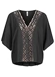 Seventyseven Lifestyle Damen Oversized V-Neck Blusen Shirt mit Häkelbesatz schwarz
