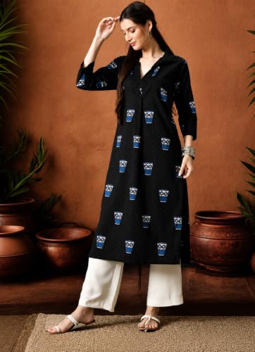 Image of Amazon Brand - Tavasya Women Ethnic Motifs Printed 3 /4th Sleeve Kurta | Straight Fit Shirt Collar Salwar | Everyday Ethnic Wear
