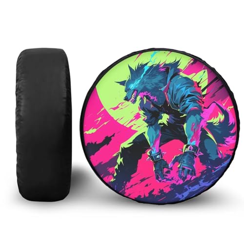 Image of 14 inch Spare Tire Cover PU Leather, Werewolf Spare Wheel Waterproof Protectors Universal for SUV, Truck, Trailer, RV, Camper, 5 Sizes from 14-18 Inches (18 inch Fits Tire Diameter 33 inch-34 inch)