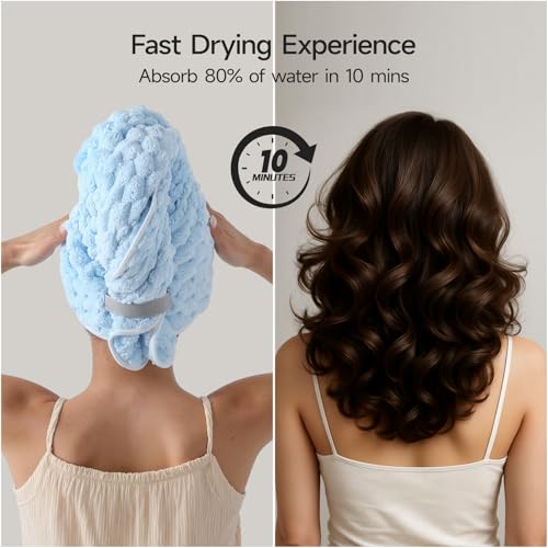 Image of REDKISS Blue Microfiber Hair Towels - Extra Large Hair Towel Wrap for Women, 24x42 inch Hair Towels with Elastic Strap, Super Soft Hair Drying Towels for Long, Thick, Curly Anti Frizz Turbans
