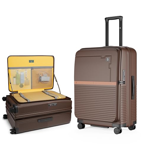 Image of EUME Aerotop Checkin Trolley Bag Medium | Space Saving Top Open Suitcase | Expandable Hardshell Polycarbonate Luggage | TSA Lock, Anti Theft Zipper, Super Silent Wheels | 78L Expresso Brown