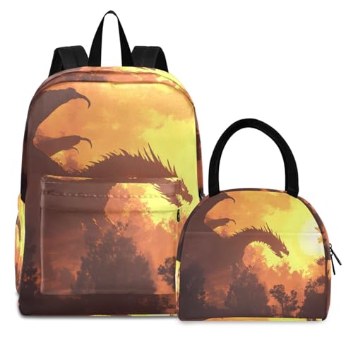 Silhouettes Dragon Print Backpack Set with Lunch Bag, Large Capacity Travel Backpacks and Lunch Box Insulated for Commute Hiking Picnic