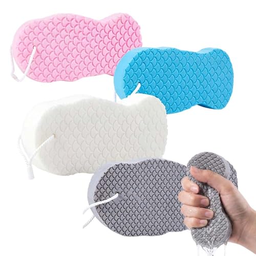 4-Pack Exfoliating Bath Sponges Super Soft Shower Body Scrubber for Gently Exfoliates to Reveal Smoother Skin Reusable Body Sponge Set for All Skin Types Colorful for Women Men (Set A)