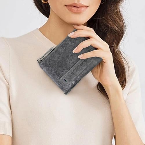 Image of CONTACTS Soft Leather Wallet for Women and Men Small Bifold Coin Purse Double Zipper Card Holder with RFID Blocking (Gray)