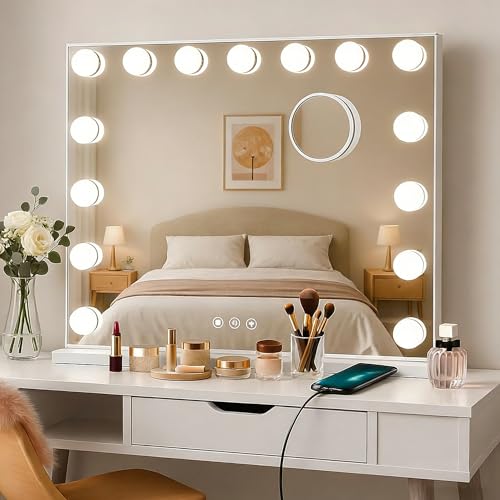 [Keranixy] 女優ミラー ライト付き ハリウッドミラー 化粧ライト鏡 化粧鏡 女優鏡 鏡 大きめ 卓上/壁掛け両用可能 3色ライトモード 明るさ調節でき 15個LED電球付き 10倍拡大鏡＆USBポート付き (58x46cm)