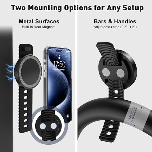 NINEFATICS Stroller Phone Holder, Compatible with MagSafe, Magnetic Handlebar Mount, 17x N52 Strong Magnets, Fits Treadmills, Peloton, Shopping & Golf Carts, Adjustable Strap, iPhone 12–17 & Android