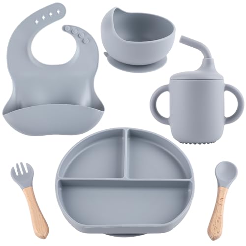 Image of Silicone Baby Feeding Set, Baby Led Weaning Supplies, Suction Cup Separator Bowl, Two Spoons, Sippy Cup, Bib, Baby Tableware, Weaning Supplies For Babies 6+ Months(blue)