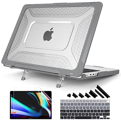 Batianda Compatible with New MacBook Pro 14 inch Case 2024 2023 2021 Release M4 M3 M2 Pro Max, Heavy Duty Honeycomb Design Protective Hard Shell TPU Bumper and Fold Kickstand with Keyboard Cover,Grey