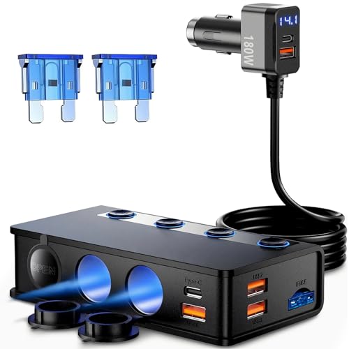 Car Cigarette Lighter Adapter QC&PD 3.0, 120W/180W 12V/24V USB Car Charger Adapter 3 Socket Cigarette Lighter Splitter with LED Voltmeter, 6 Fast Charging Ports, Safe Protection for iPhone,iPad,Laptop