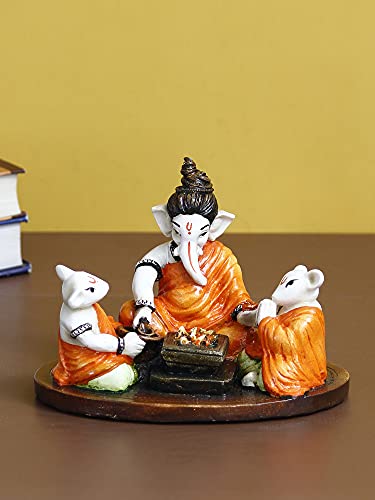 eCraftIndia Lord Ganesha Doing Havan with 2 Mushaks Colorful Handcrafted Decorative Figurine, Orange, One Size (MSGG661)