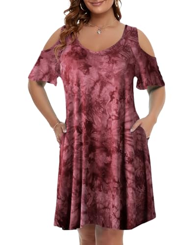 Image of JollieLovin Womens Plus Size Short Sleeve Cold Shoulder V Neck T-Shirt Dress with Pockets