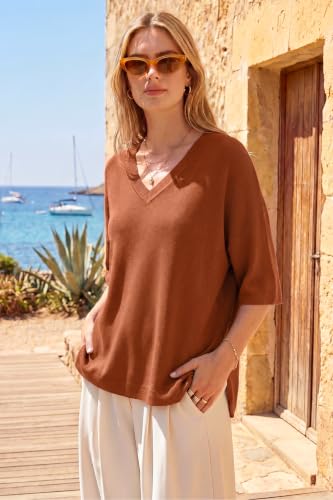 Image of Arach&Cloz Women's Wool Blend Elbow Sleeve Summer Oversized Casual Sweater | Versatile, Fall Layering Soft, Anti-pilling