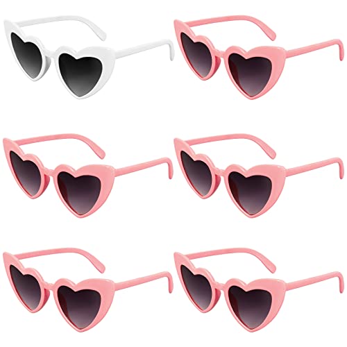 PHABULS 6 Pack Vintage Heart Shaped Cat Eye Sunglasses for Women Girl Bulk Retro Heart Sunglasses for Bridal Bachelorette Party (5 Pink+ 1 White)