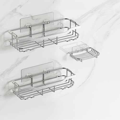 OMAIRA Shower Caddy 3-Pack, Adhesive Shower Organizer with Soap Holder, Rustproof No Drilling Shower Shelves for Inside Bathroom Organizer, Silver(X-Large)