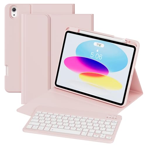GKABXY Hülle mit Tastatur für iPad A16 11 Generation 2025/10 Generation 2022(11/10.9 Zoll), Soft TPU Rückschale mit Stifthalte, Magnetische Abnehmbare Tastatur Hülle für iPad 11/10 Gen, Rosa