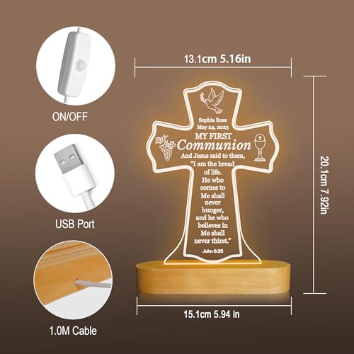 Image of Attivolife First Communion Gift for Girls Boys, LED Night Light with Wooden Base, Jesus Bible Verse Night Light I am the Bread of Life, Religious Gifts for Kid Catholic Christian Baptism Table Decor