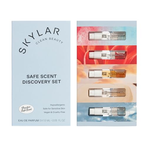 skylar perfume discovery spray sampler set - boardwalk delight sunkissed dahlia vanilla sky salt air coconut cove - hypoallergenic amp clean perfume for women amp men - 5 15ml