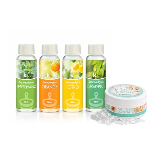 KK Hygiene Saunaaufguss Set „Toskana“ 4 x 100 ml (Eukalyptus, Orange, Zitrone & Pfefferminz) + 50 g Mentholkristalle – Mediterran-frisches Sauna Geschenkset für finnische Sauna & Dampfbad