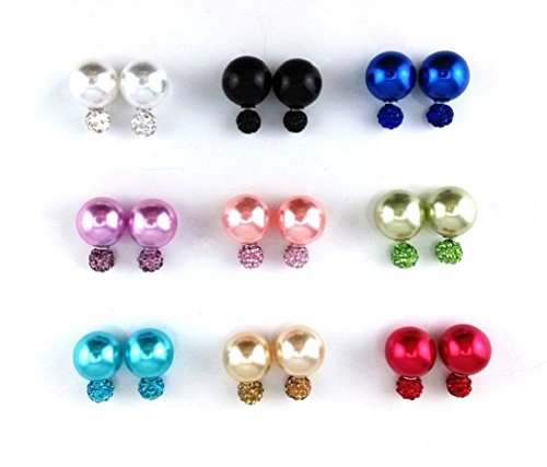 Adecco LLC 9 Pairs Bling Rhinestone Polymer Clay Studs Pearl Button Earrings, Double Ball Earring, Jewelry Piercing Ear Ring