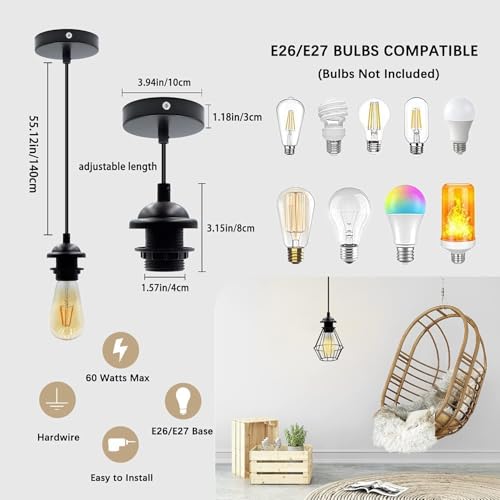 Image of Cord Cable Socket E27 Lamp Holder Vintage Hanging Ceiling Lantern Light Fixture for Bedroom Bar Restaurant Pack of 1 Bulb Not Included Black