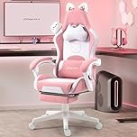 Dowinx Gaming Chair Cute with Cat Ears and Massage Lumbar Support, Ergonomic Computer Chair for Girl with Footrest and Headrest, Comfortable Reclining Game Chair 290lbs for Adult, Teen, Pink