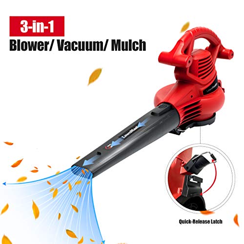 LawnMaster Red Edition BV1210 1201 Electric Blower Vacuum Mulcher 12 Amp 2-Speed Adjustment with Metal Impeller 240 MPH 380 CFM 14:1 Mulch Ratio