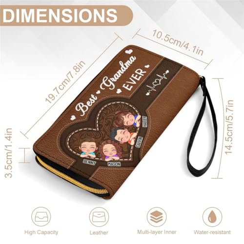 Personalized Mothers Day Women Large Capacity Long Wallet Custom Family Names Portraits Best Grandma Ever Leather Zipper Long Wallet Gift for Birthday Valentine's for Mother Nana Grandmother3