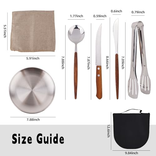 New Wood Grain Handle Tableware Mess Kit Cutlery for 2 Dinnerware Set - 12pcs Stainless Steel Utensils Set with Plate Spoon Fork Serrated Knife Cloth Napkins for 2,Backpacking, Outdoor Hiking Picnic