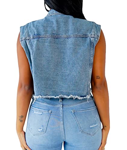 ECDAHICC Women's Luscious Bling Denim Vest Embroidered Pearl Sleeveless Button Up Denim Jacket Cropped Jean Vest3