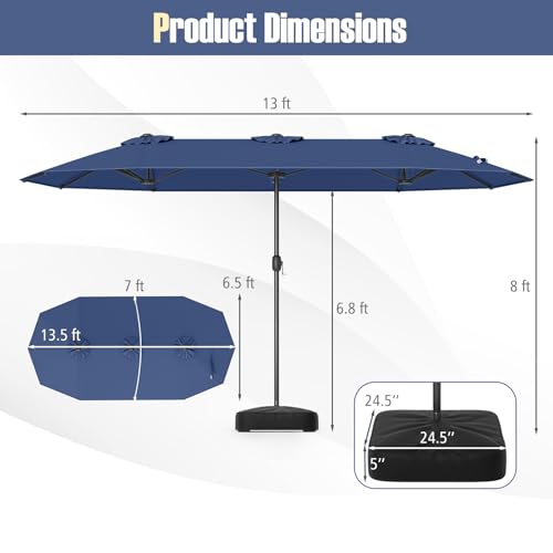 Image of Tangkula 13FT Double-sided Patio Umbrella, Extra Large Twin Table Umbrella with Crank Handle, Umbrella Base, Safety Lock, Air Vent, Outdoor Market Umbrella for Garden Pool Backyard (Navy)