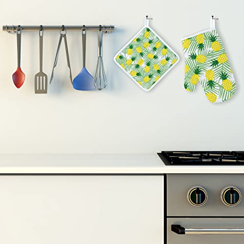 Vantaso Cooking Apron 3Pcs Set Yellow Pineapple Geometric Heat Insulated Microwave Oven Mitts With Pot Holder Pads Kitchen Oven Gloves Protectors Mat Grilling Baking #TOP1