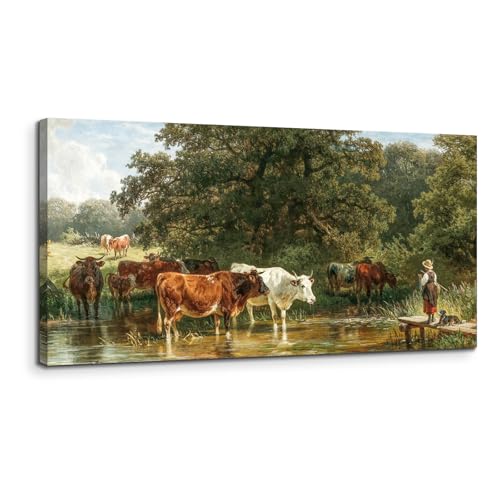 SERIMINO Landscape Wall Art Vintage Decor, Animal Cow Canvas Prints, Forest Grazing Cattle Aesthetic Pastoral Paintings, Rustic Farmhouse Wall Decor Living Room Bedroom, 20x40 Inch