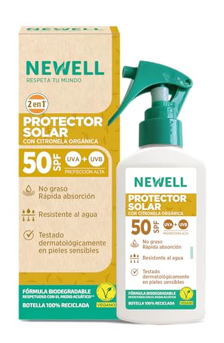 NEWELL | Spray Solar SPF 50 | Repelente Solar Antimosquitos | Para Toda la Familia | Spray Eficaz Contra Mosquitos Tigre 3 horas | Botella 100ml 100% Reciclada y Reciclable