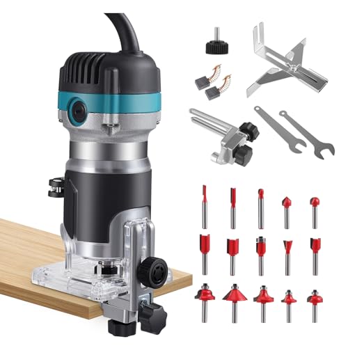 Wood Palm Router Tool, 800W 30000RPM Electric Hand Trimmer, Woodworking Handheld Router Tool Set with 15PCS 1/4(6.35mm) Router Bits Set, 6 Variable Speed, Trimmer Base, Straight Guide