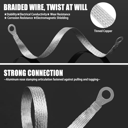 14pcs Ground Straps, 10/12 inch Engine Universal Automotive Ground Strap Kit Braided Copper Ground Straps Automotive Ground Strap Wire Ground Strap Connectors for Most Cars (Silver) - Thumbnail 3