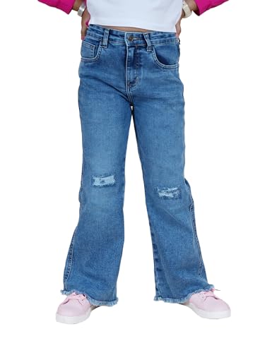 Image of KiddoPanti Girls Bottom Flared Knee Distress Stretchable Denim Jeans with Adjustable Elastic Waist