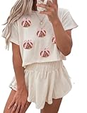 Ecosunny Women's Halloween 2 Piece Sets Sweatsuits Casual Sequin Cropped Tee and Skort Set Matching Sets Lounge Outfits Beige M