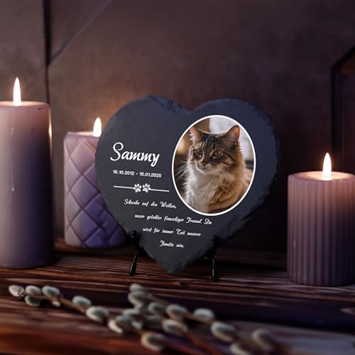 LAUBLUST Personalisierte Herzform Grabplatte mit Name & Foto als Grabschmuck für Hund, Katze & andere Haustiere - Pfoten, 3 Größen | Schieferplatte mit Gravur als Tiergrabstein Deko & Tiere Grabtafel