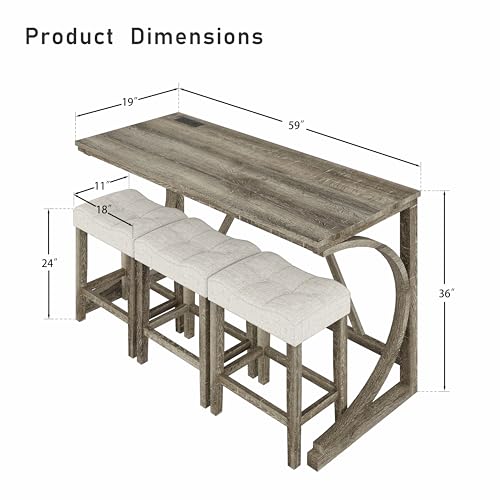 4-Piece Counter High Bar Table Set with Socket and 3 Fabric Padded Bar Stools, Tall Kitchen Breakfast Nook with Stool (1+3 Natural) - Image 4