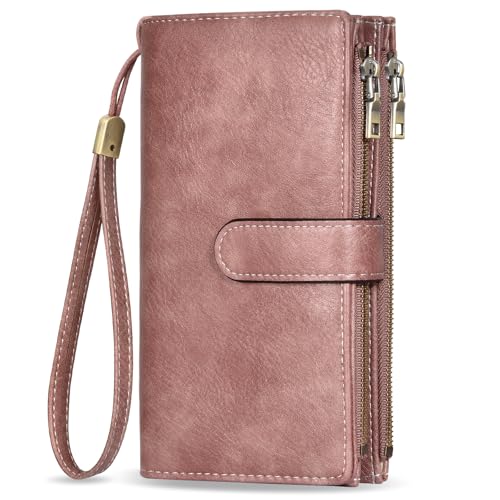 VOBUKE Carteiras mulher grandes porta-moedas pele PU vintage carteira longa com 16 ranhuras bloqueio RFID carteiras mulher porta-moedas longa com fecho de correr e alça de pulso, ROSA