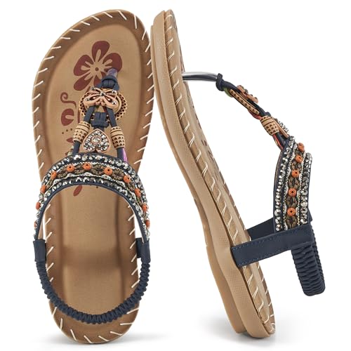 Image of Reimferce Sandals Women Dressy Flats: Comfortable Breathable Bohemian Flat Sandals - Anti-slip & Adjustable Strap for Summer Casual Flip Flops
